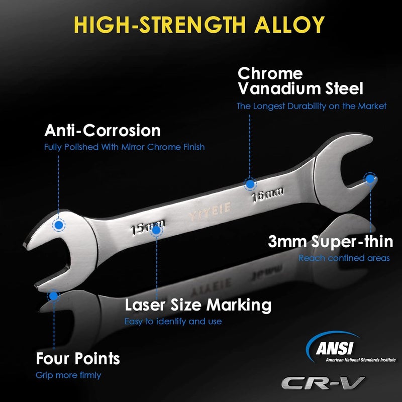 YIYEIE 18pcs Super-Thin Open End Wrench Set, Metric & SAE, 5.5mm to 27mm, 1/4" to 1-1/16", CR-V Steel with Mirror Finish, Ultra-Slim Wrench Set with Rolling Pouch - Image 4